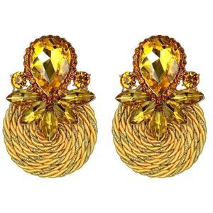 Yellow Gold with Citrine Crystal Floral Cluster Rattan Post Statement Earrings